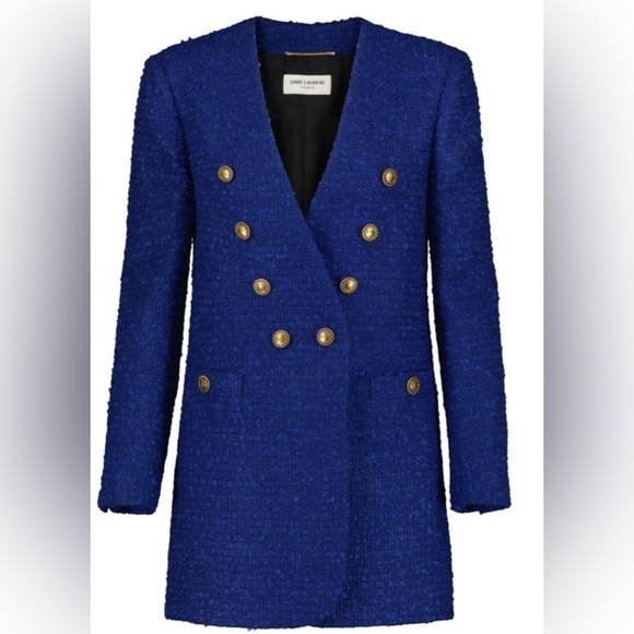 RARE Saint Laurent collarless blue tweed long blazer jacket NWT - Picture 6 of 14